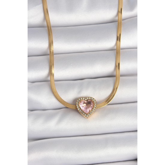 316L Çelik Gold Renk İtalyan Zincir Pembe Zirkon Taşlı Kalp Model Kadın Kolye - TJ-BKO10120
