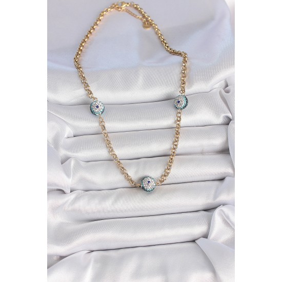 316L Çelik Gold Renk Zirkon Taşlı Nazar Boncuk Model Kadın Kolye - TJ-BKO10121