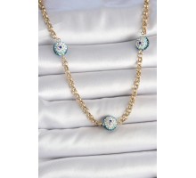 316L Çelik Gold Renk Zirkon Taşlı Nazar Boncuk Model Kadın Kolye - TJ-BKO10121