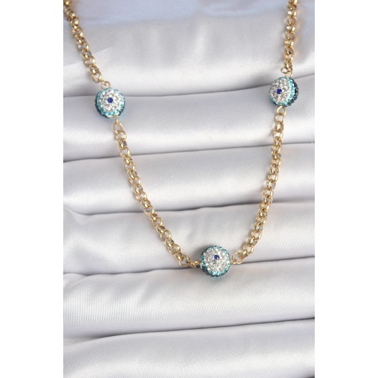 316L Çelik Gold Renk Zirkon Taşlı Nazar Boncuk Model Kadın Kolye - TJ-BKO10121