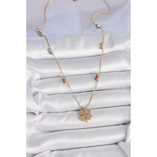 316L Çelik Gold Renk Yonca Figür Zirkon Taş Detaylı Kadın Kolye - TJ-BKO10122