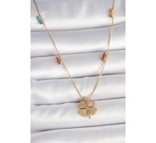 316L Çelik Gold Renk Yonca Figür Zirkon Taş Detaylı Kadın Kolye - TJ-BKO10122