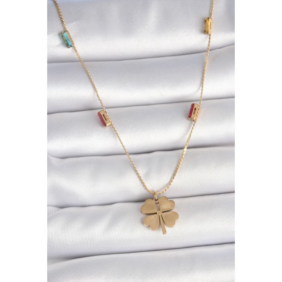 316L Çelik Gold Renk Yonca Figür Zirkon Taş Detaylı Kadın Kolye - TJ-BKO10122