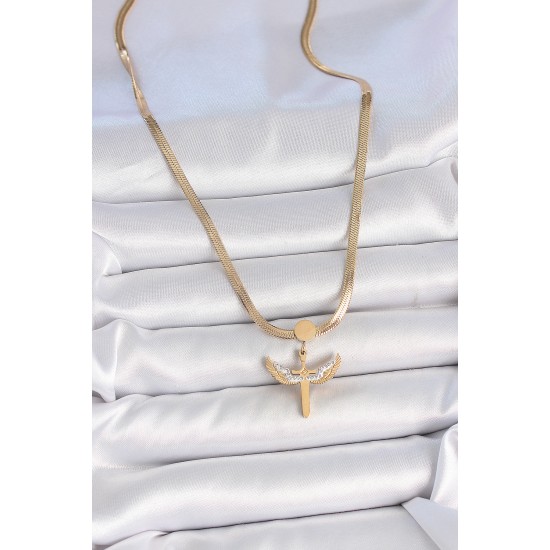 316L Çelik Gold Renk İtalyan Zincir Zirkon Taş Detaylı Mikail Model Kadın Kolye - TJ-BKO10123