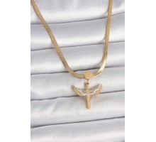 316L Çelik Gold Renk İtalyan Zincir Zirkon Taş Detaylı Mikail Model Kadın Kolye - TJ-BKO10123
