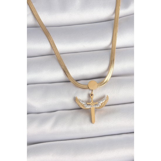 316L Çelik Gold Renk İtalyan Zincir Zirkon Taş Detaylı Mikail Model Kadın Kolye - TJ-BKO10123