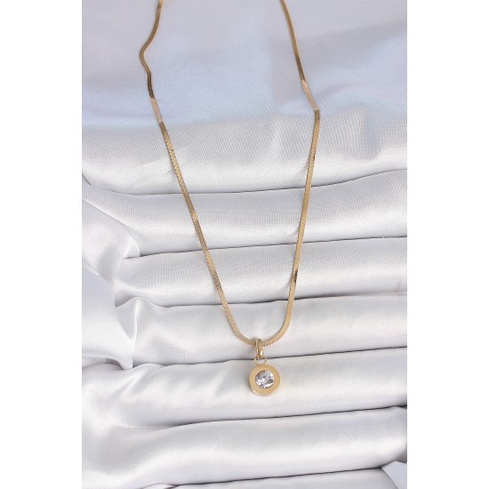 316L Çelik Gold Renk İtalyan Zincir Sallantı Zirkon Taş Model Kadın Kolye - TJ-BKO10124