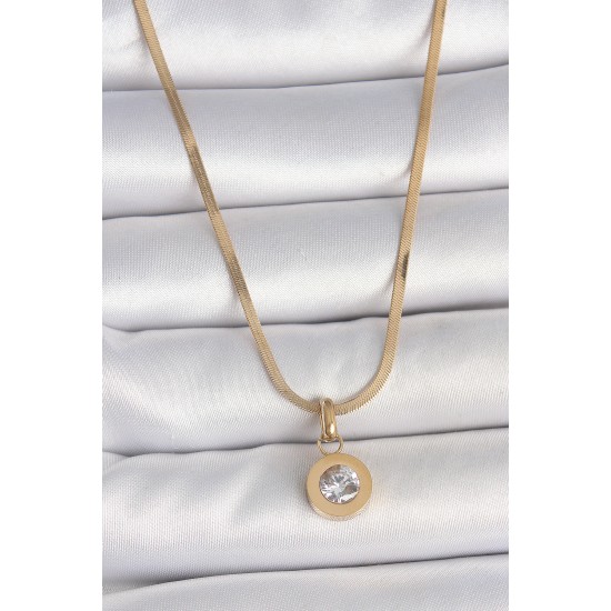 316L Çelik Gold Renk İtalyan Zincir Sallantı Zirkon Taş Model Kadın Kolye - TJ-BKO10124