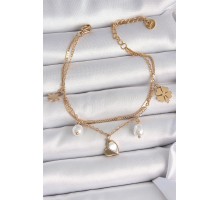 316L Çelik Gold Renk 2'li Zincir Model Sallantı Kalp Figür Yonca Detay Kadın Bileklik - TJ-BB6945