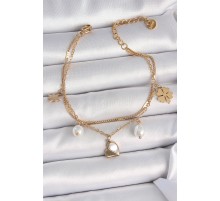 316L Çelik Gold Renk 2'li Zincir Model Sallantı Kalp Figür Yonca Detay Kadın Bileklik - TJ-BB6945