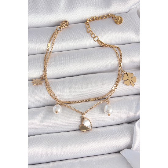 316L Çelik Gold Renk 2'li Zincir Model Sallantı Kalp Figür Yonca Detay Kadın Bileklik - TJ-BB6945