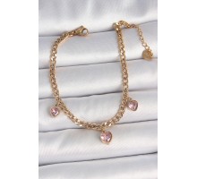 316L Çelik Gold Renk Zincir Sallantı Pembe Zirkon Taşlı Kalp Model Kadın Bileklik - TJ-BB6947