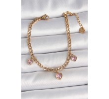 316L Çelik Gold Renk Zincir Sallantı Pembe Zirkon Taşlı Kalp Model Kadın Bileklik - TJ-BB6947