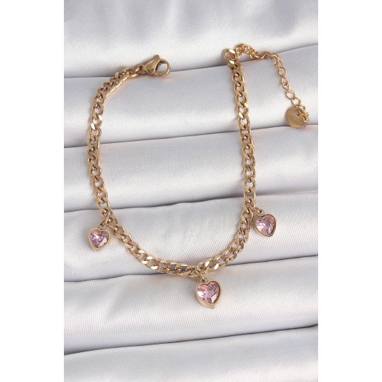316L Çelik Gold Renk Zincir Sallantı Pembe Zirkon Taşlı Kalp Model Kadın Bileklik - TJ-BB6947