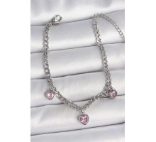 316L Çelik Gümüş Renk Zincir Sallantı Pembe Zirkon Taşlı Kalp Model Kadın Bileklik - TJ-BB6948