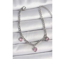 316L Çelik Gümüş Renk Zincir Sallantı Pembe Zirkon Taşlı Kalp Model Kadın Bileklik - TJ-BB6948