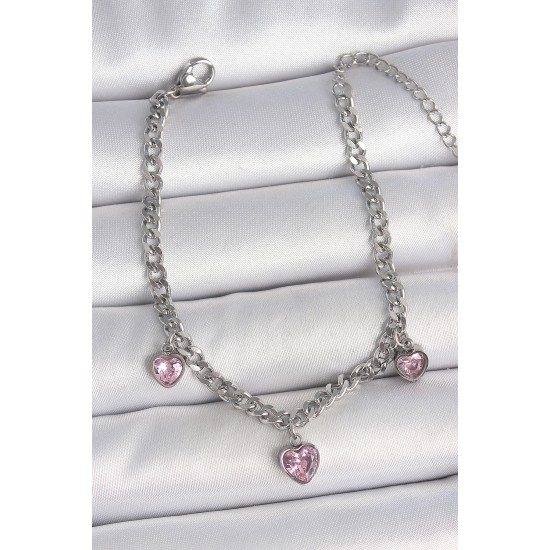 316L Çelik Gümüş Renk Zincir Sallantı Pembe Zirkon Taşlı Kalp Model Kadın Bileklik - TJ-BB6948