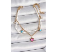 316L Çelik Gold Renk 2'Li İncili Zincir Sallantı Pembe Kalp Model Nazar Boncuk Detay Kadın Bileklik - TJ-BB6949