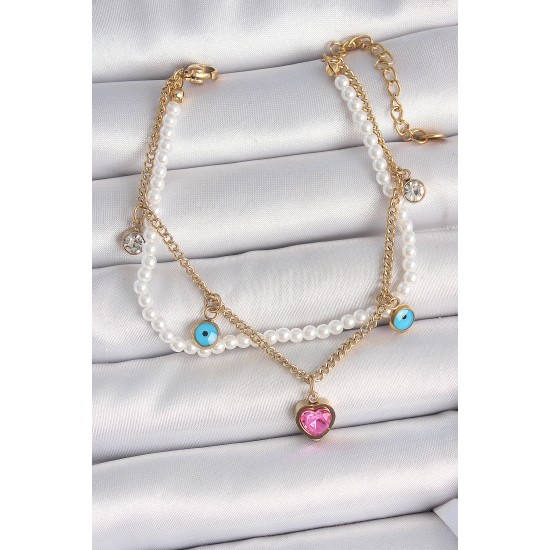 316L Çelik Gold Renk 2'Li İncili Zincir Sallantı Pembe Kalp Model Nazar Boncuk Detay Kadın Bileklik - TJ-BB6949