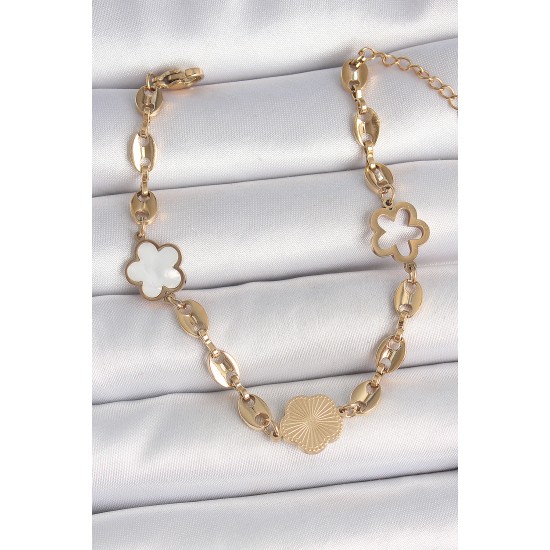 316L Çelik Gold Renk Yonca Model İşleme Detaylı Kadın Bileklik - TJ-BB6951