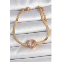 316L Çelik Gold Renk İtalyan Zincir Pembe Zirkon Taşlı Kalp Model Kadın Bileklik TJ-BB6952