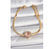 316L Çelik Gold Renk İtalyan Zincir Pembe Zirkon Taşlı Kalp Model Kadın Bileklik - TJ-BB6952