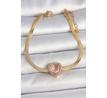 316L Çelik Gold Renk İtalyan Zincir Pembe Zirkon Taşlı Kalp Model Kadın Bileklik - TJ-BB6952