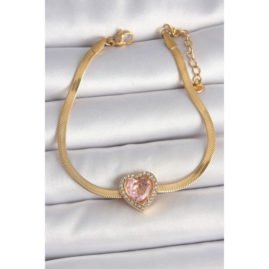316L Çelik Gold Renk İtalyan Zincir Pembe Zirkon Taşlı Kalp Model Kadın Bileklik - TJ-BB6952