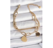 316L Çelik Gold Renk 2'Li Zincir Model Sallantı Kalp Figür Kadın Bileklik - TJ-BB6953