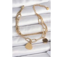 316L Çelik Gold Renk 2'Li Zincir Model Sallantı Kalp Figür Kadın Bileklik - TJ-BB6953