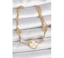 316L Çelik Gold Renk İtalyan Zincir Beyaz Mineli Yonca Model Zirkon Taş Detaylı Kadın Bileklik - TJ-BB6954