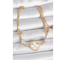 316L Çelik Gold Renk İtalyan Zincir Beyaz Mineli Yonca Model Zirkon Taş Detaylı Kadın Bileklik - TJ-BB6954
