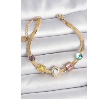 316L Çelik Gold Renk İtalyan Zincir Renkli Zirkon Taşlı Kadın Bileklik - TJ-BB6956