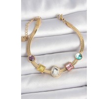 316L Çelik Gold Renk İtalyan Zincir Renkli Zirkon Taşlı Kadın Bileklik - TJ-BB6956