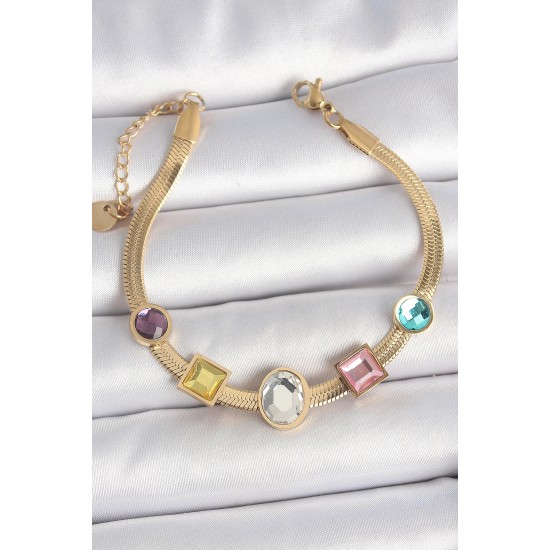 316L Çelik Gold Renk İtalyan Zincir Renkli Zirkon Taşlı Kadın Bileklik - TJ-BB6956