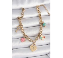 316L Çelik Gold Renk Zincir Sallantı Kilit Kalp Figür Anahtar Model Kadın Bileklik - TJ-BB6957