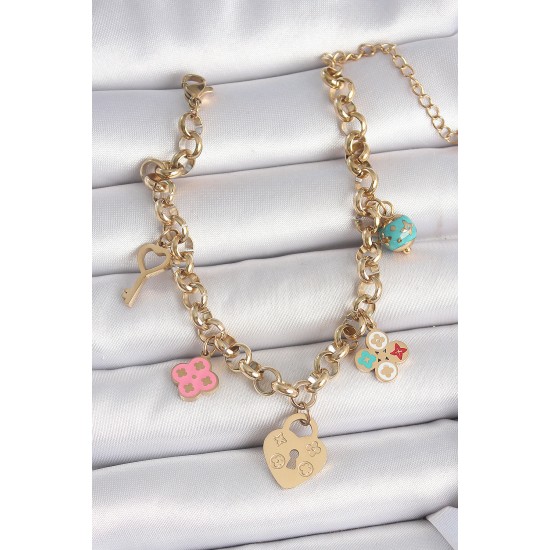 316L Çelik Gold Renk Zincir Sallantı Kilit Kalp Figür Anahtar Model Kadın Bileklik - TJ-BB6957