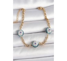 316L Çelik Gold Renk Zirkon Taşlı Nazar Boncuk Model Kadı Bileklik - TJ-BB6958