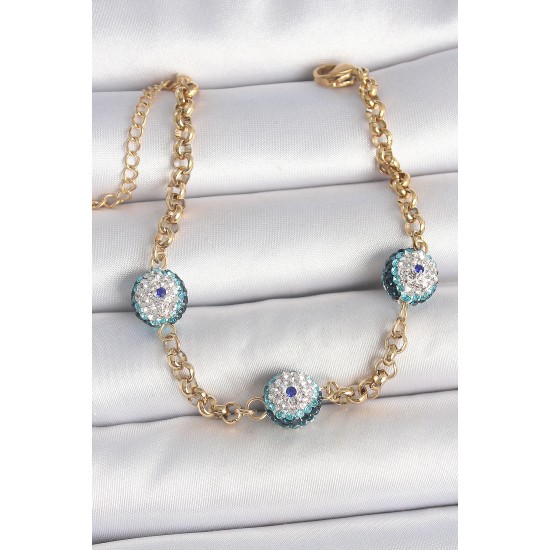 316L Çelik Gold Renk Zirkon Taşlı Nazar Boncuk Model Kadı Bileklik - TJ-BB6958