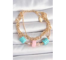 Pirinç Gold Renk Çoklu Zincir Model Mavi Taş Figürlü Kadın Bileklik - TJ-BB6959