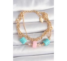 Pirinç Gold Renk Çoklu Zincir Model Mavi Taş Figürlü Kadın Bileklik - TJ-BB6959