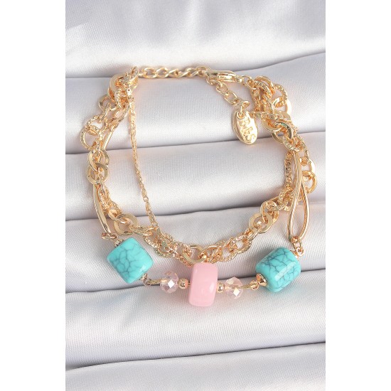 Pirinç Gold Renk Çoklu Zincir Model Mavi Taş Figürlü Kadın Bileklik - TJ-BB6959