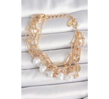 Pirinç Gold Renk Çoklu Zincir Model İncilli Zirkon Taş Detay Kadın Bileklik - TJ-BB6960