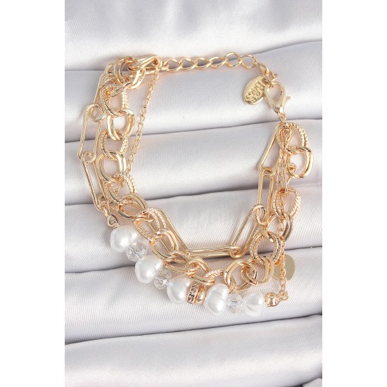 Pirinç Gold Renk Çoklu Zincir Model İncilli Zirkon Taş Detay Kadın Bileklik - TJ-BB6960