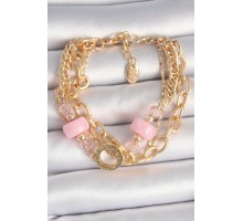 Pirinç Gold Renk Çoklu Pembe Taşlı Kadın Bileklik - TJ-BB6961
