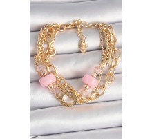 Pirinç Gold Renk Çoklu Pembe Taşlı Kadın Bileklik - TJ-BB6961