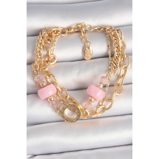 Pirinç Gold Renk Çoklu Pembe Taşlı Kadın Bileklik - TJ-BB6961