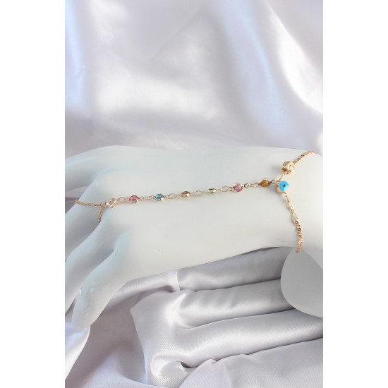 Pirinç Gold Renk Renkli Zirkon Taşlı Nazar Boncuk Detay Şahmeran - TJ-SN634