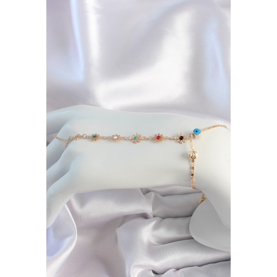 Pirinç Gold Renk Renkli Taşlı Çiçek Model Nazar Boncuk Detay Şahmeran - TJ-SN635