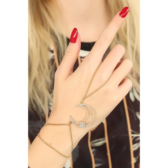 Gold Renk Zirkon Taşlı Ay Tasarım Şahmeran Bileklik - TJ-SN469